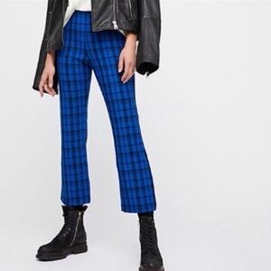 Free People Kick Flare Blue Plaid Checked High Rise Pants Tartan 0